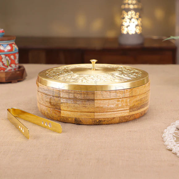 Wooden Roti Box with Brass Lid & Tongs