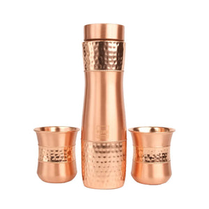 Hammered Copper Bottle with Copper Cap & Glass Set 