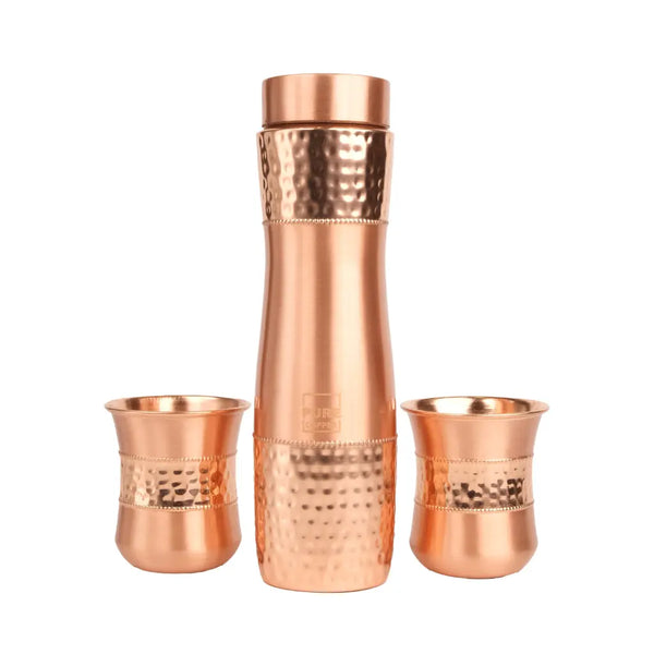 Hammered Copper Bottle with Copper Cap & Glass Set 