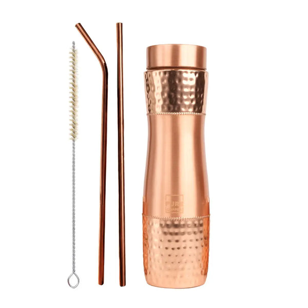 Hammered Copper Bottle with Copper Cap and Straw Set 