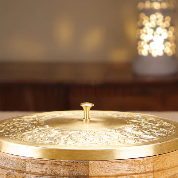 Wooden Roti Box with Brass Lid & Tongs