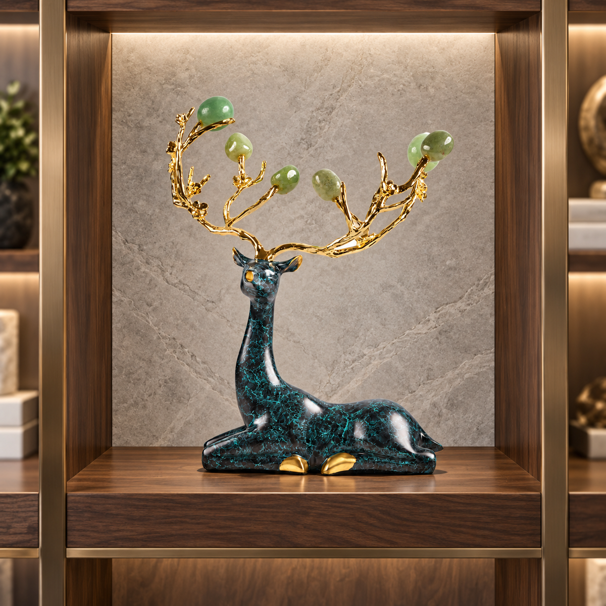 Zinc Alloy with Agate Horn Brass Deer Sculpture 