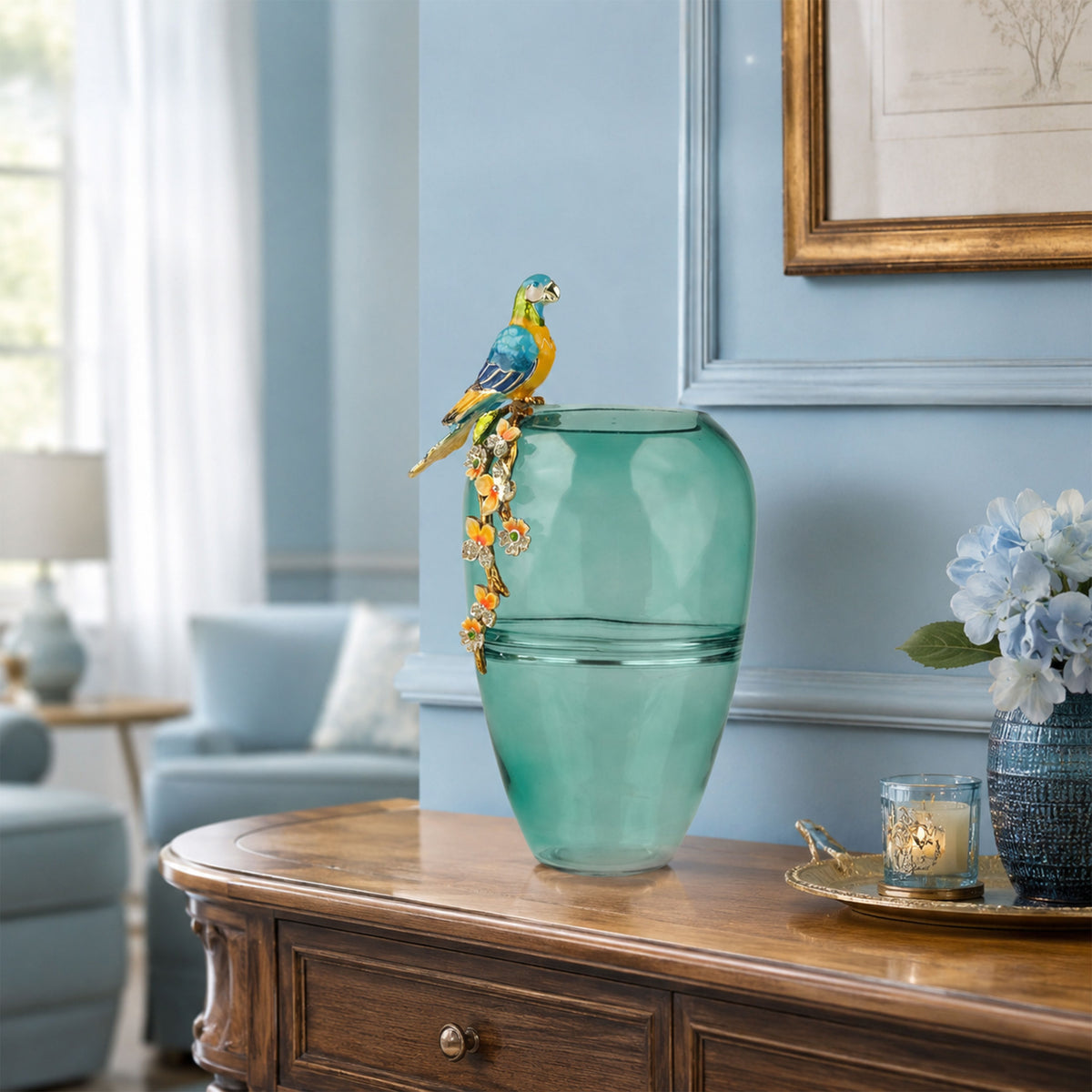 Aviary Glass Vase with Zinc Bird Accent