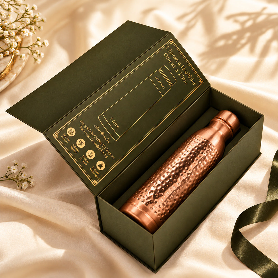 Ayurveda-Inspired Hammered Copper Bottle with Premium Packaging