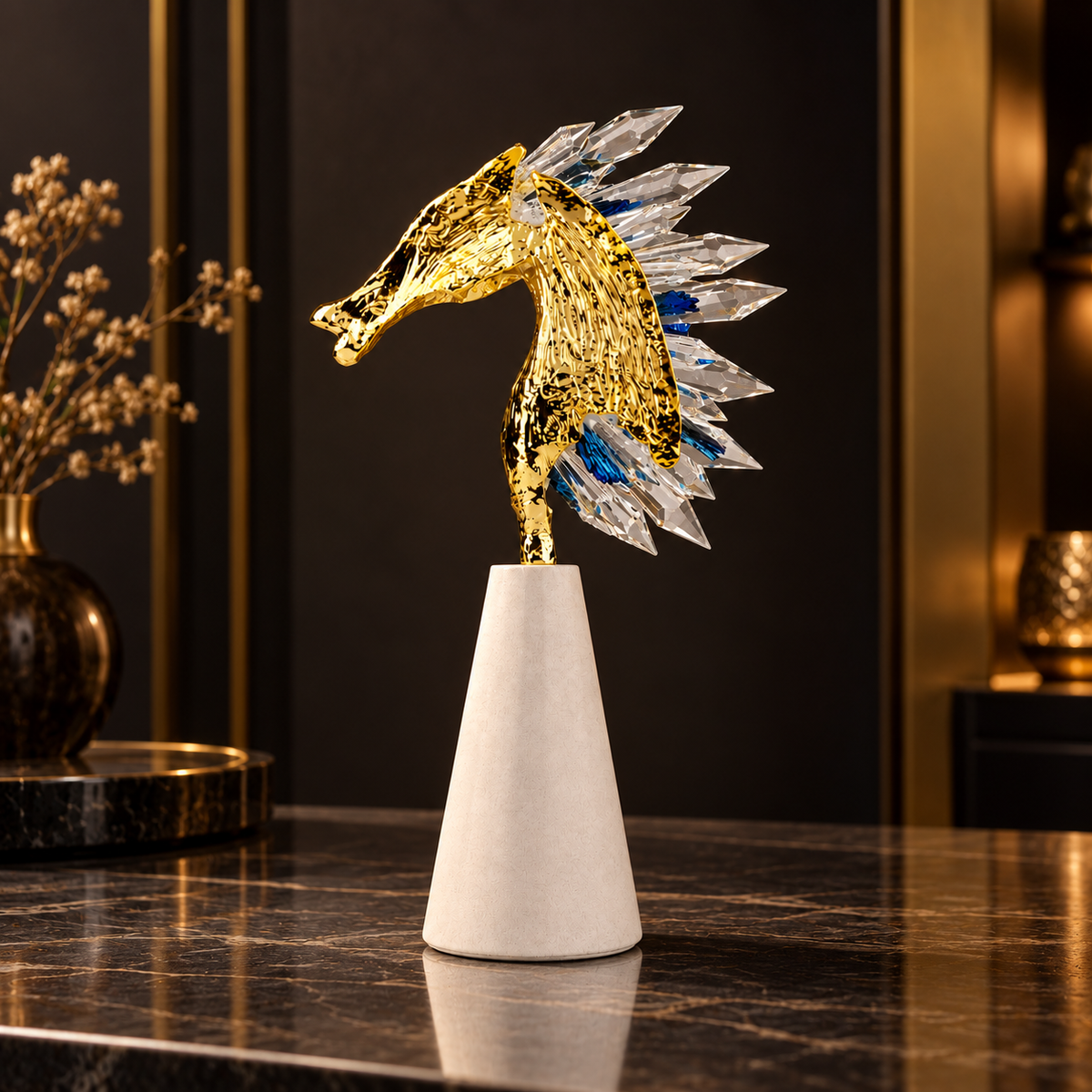 Tourmaline Crystal Golden Zinc Alloy Horse Figurine