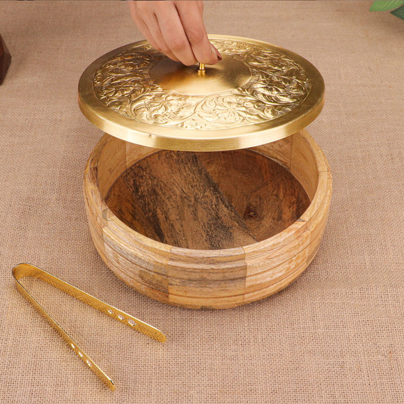 Wooden Roti Box with Brass Lid & Tongs