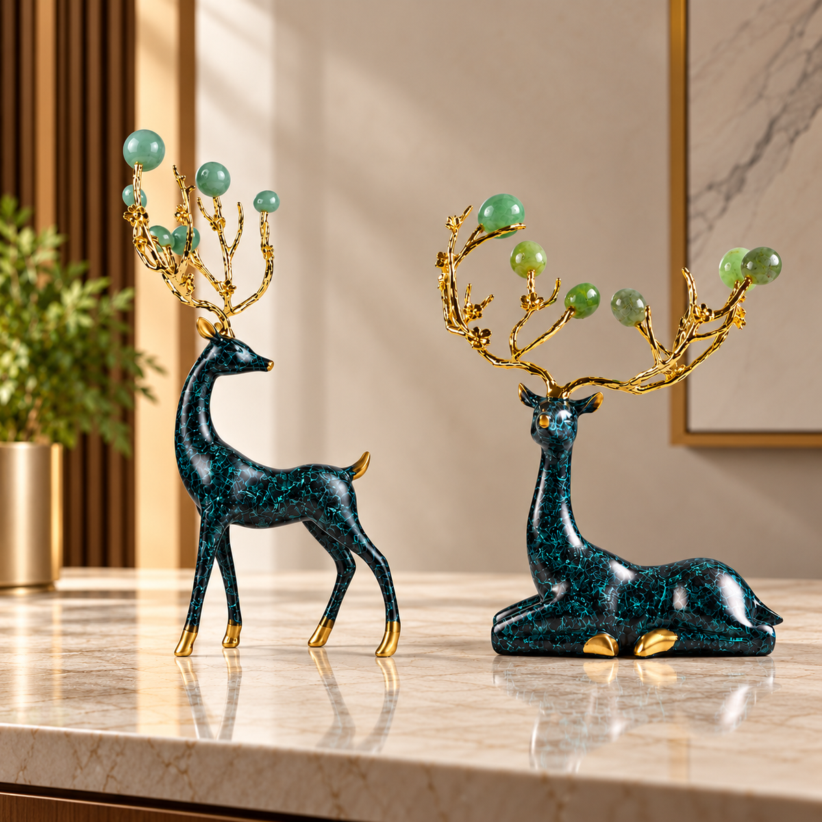Zinc Alloy with Agate Horn Brass Deer Sculpture 