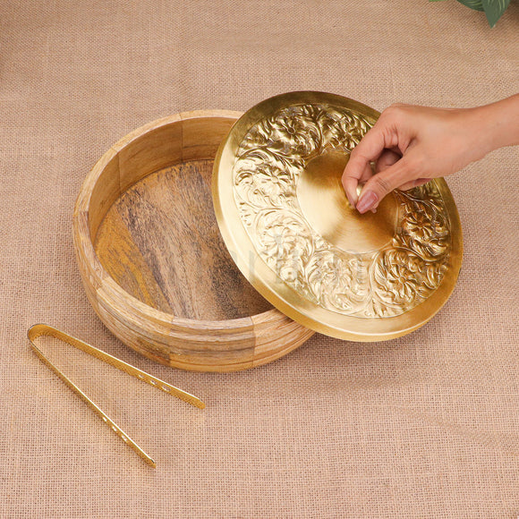 Wooden Roti Box with Brass Lid & Tongs