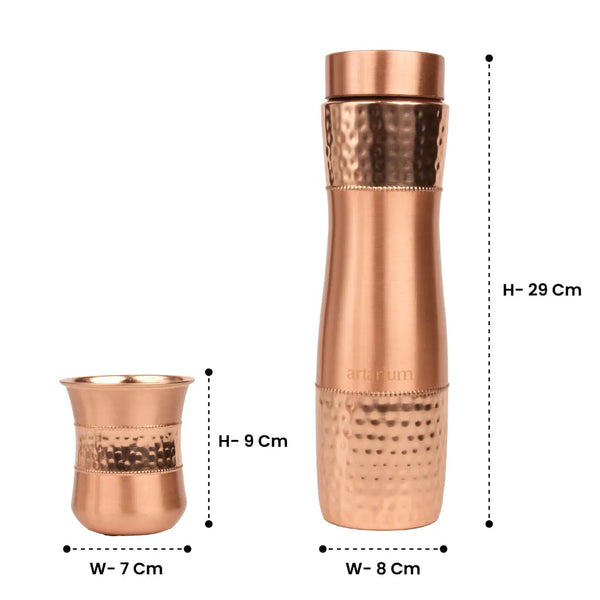 Hammered Copper Bottle with Copper Cap & Glass Set 