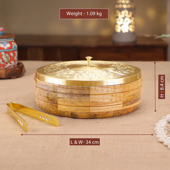 Wooden Roti Box with Brass Lid & Tongs