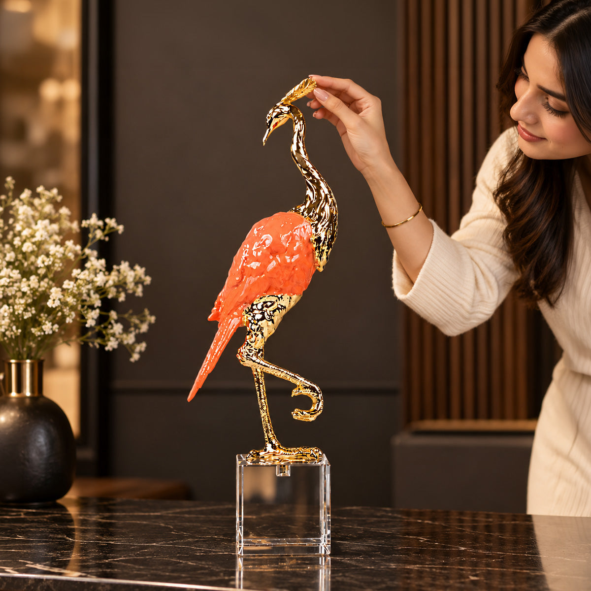 Crystal Blush Heron Sculpture 