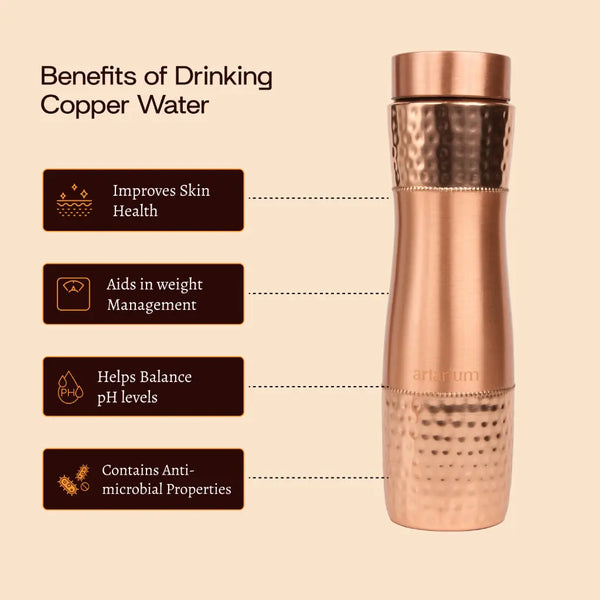 Hammered Copper Bottle with Copper Cap and Straw Set 
