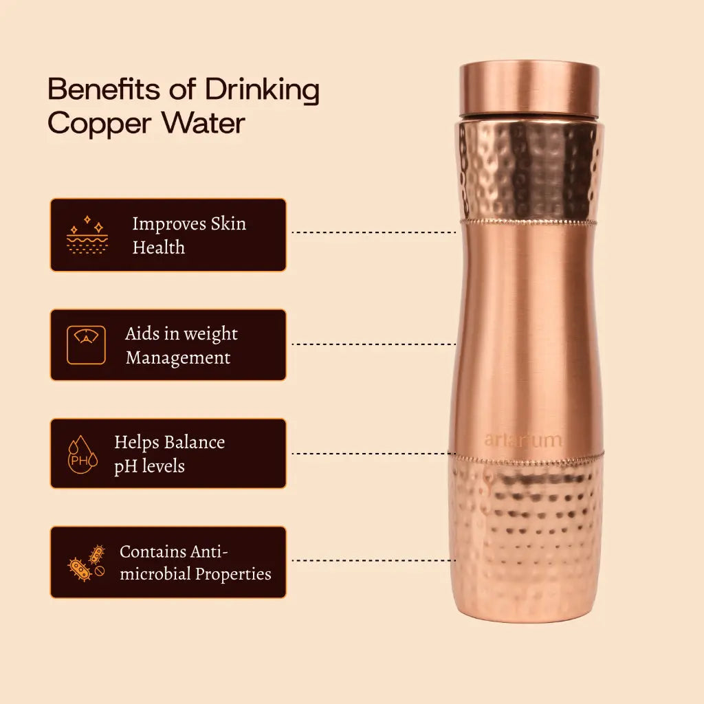 Hammered Copper Bottle with Copper Cap & Glass Set 