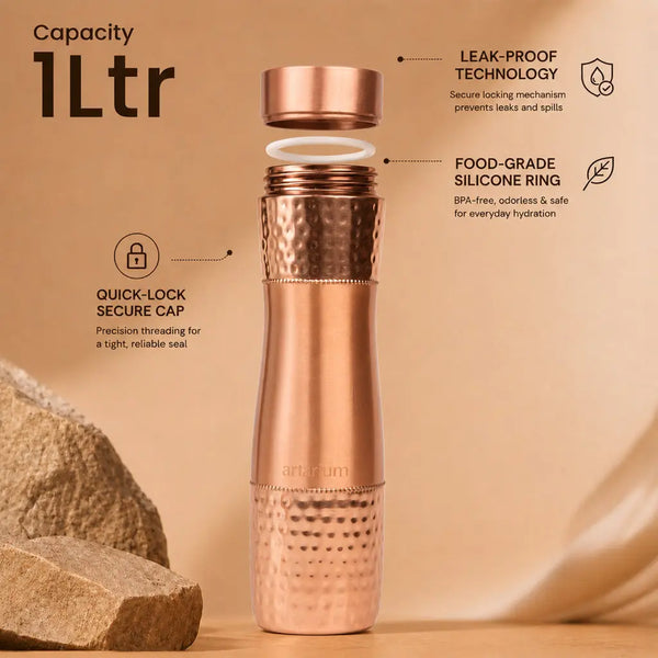 Hammered Copper Bottle with Copper Cap and Straw Set 