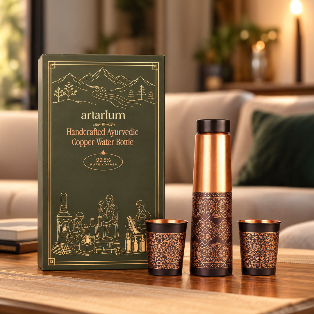Dual Finish Copper Bottle with cups with premium packaging