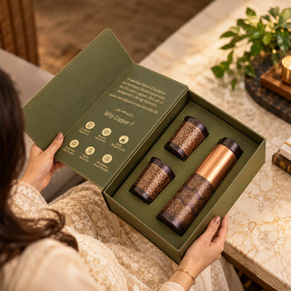 Dual Finish Copper Bottle with cups with premium packaging