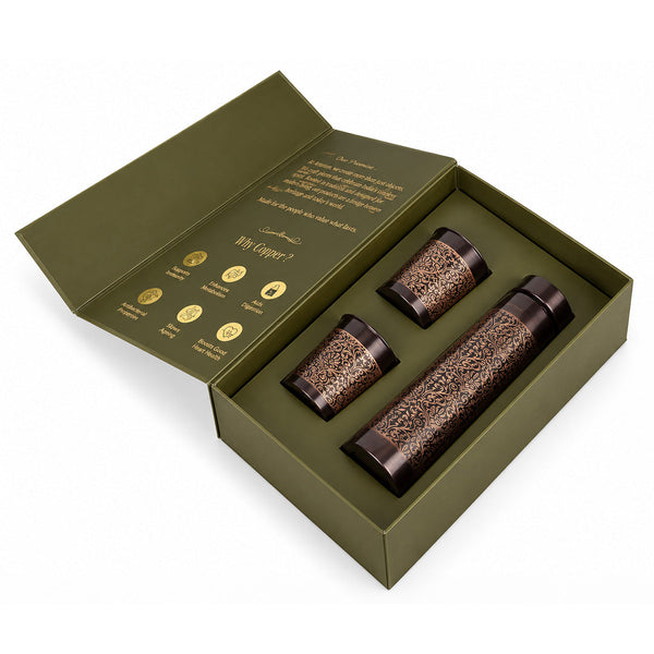 Etching Copper Bottle with Set of Copper Glass with premium packaging