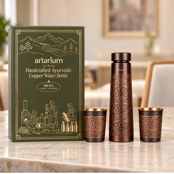 Etching Copper Bottle with Set of Copper Glass with premium packaging