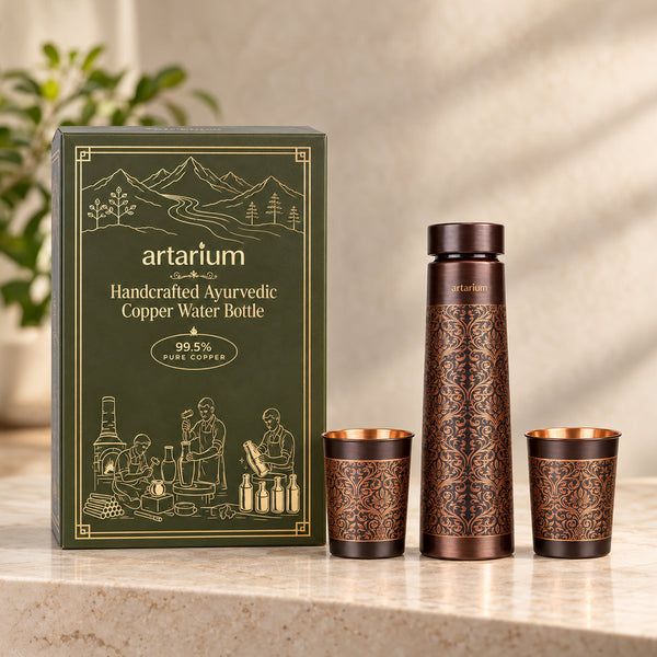 Etching Copper Bottle with Set of Copper Glass with premium packaging