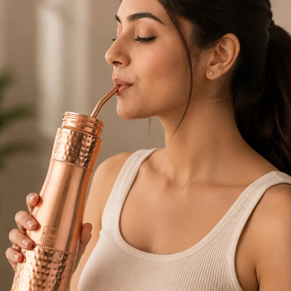 Hammered Copper Bottle with Copper Cap and Straw Set 