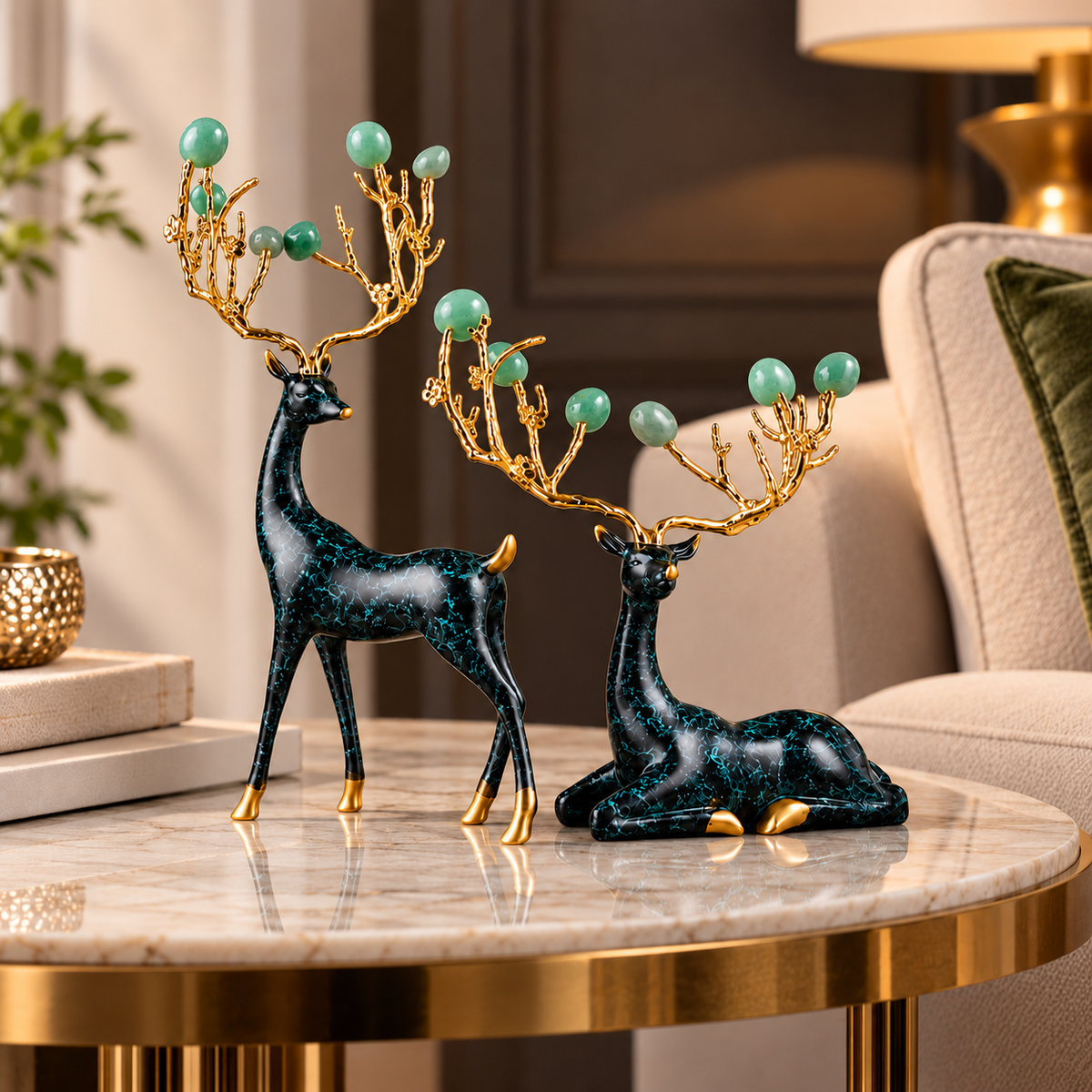 Zinc Alloy with Agate Horn Brass Deer Sculpture 