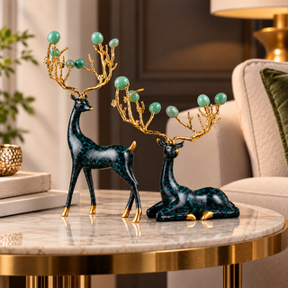 Zinc Alloy with Agate Horn Brass Deer Sculpture 