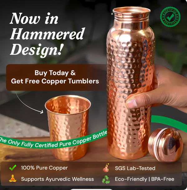 🏺 Himalayan Ayurvedic Pure Copper Bottle Certified Ayurveda® – V2 Hand-Hammered Edition A modern way to experience ancient Ayurvedic hydration.