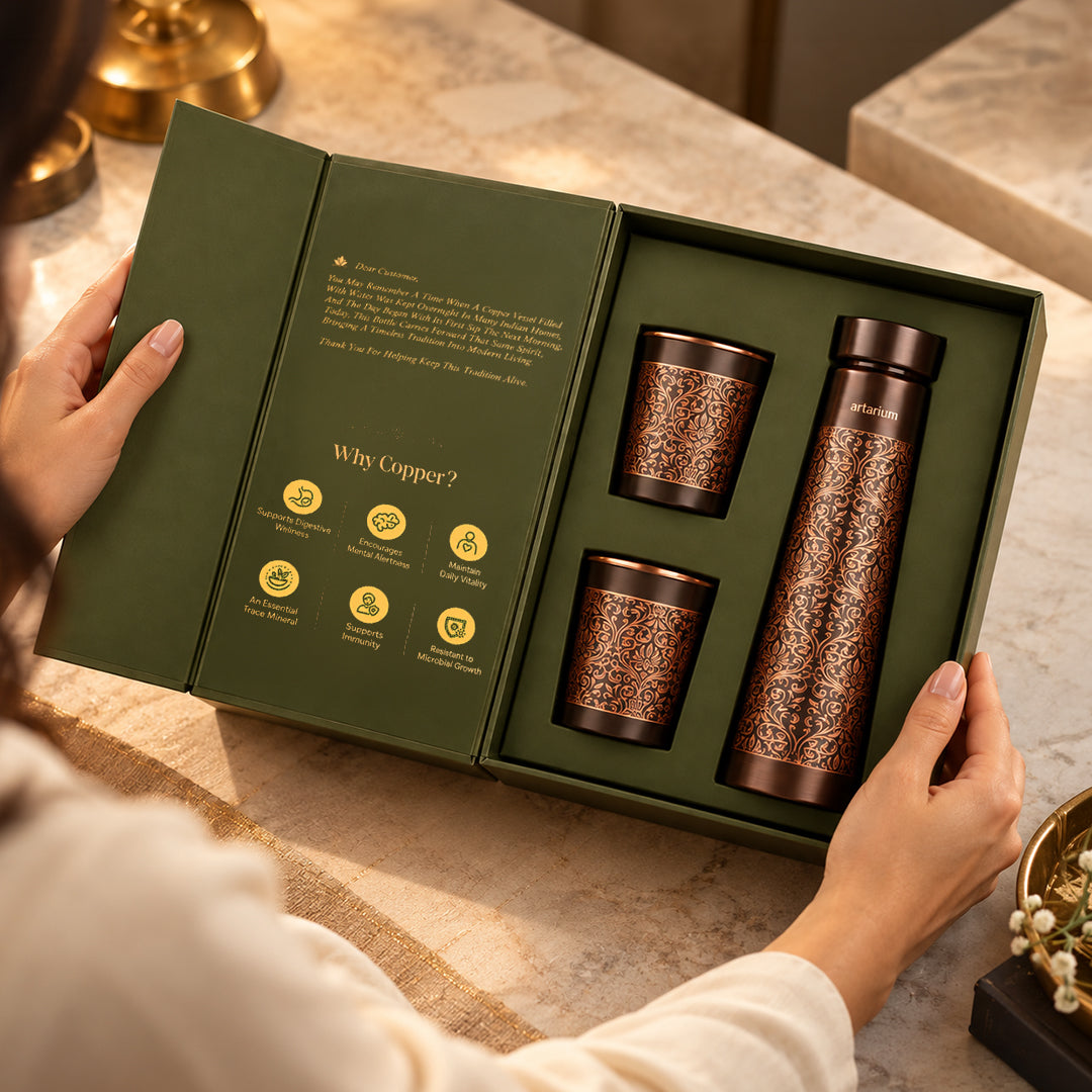 Etching Copper Bottle with Set of Copper Glass with premium packaging