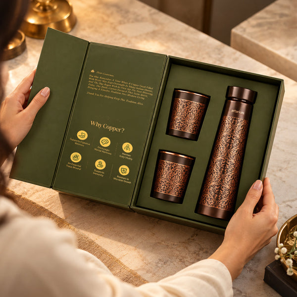 Etching Copper Bottle with Set of Copper Glass with premium packaging