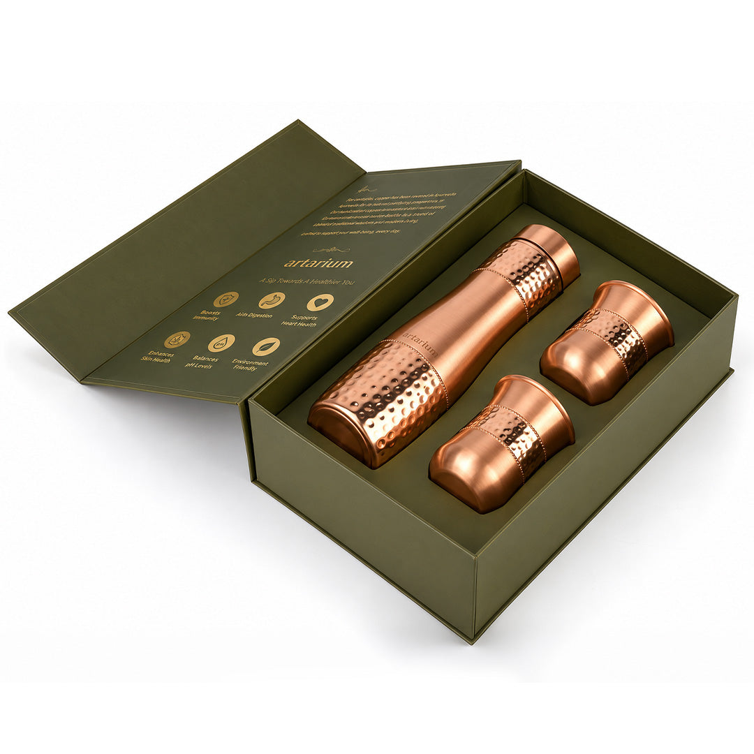 Hammered Copper Bottle with Copper Cap & Glass Set with Premium Packaging