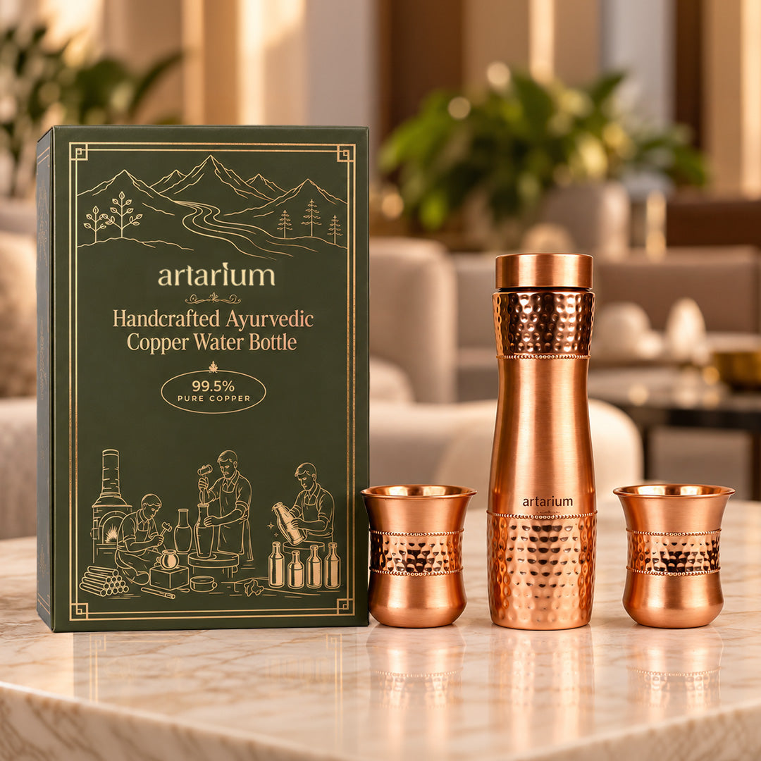 Hammered Copper Bottle with Copper Cap & Glass Set with Premium Packaging