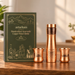 Hammered Copper Bottle with Copper Cap & Glass Set with Premium Packaging