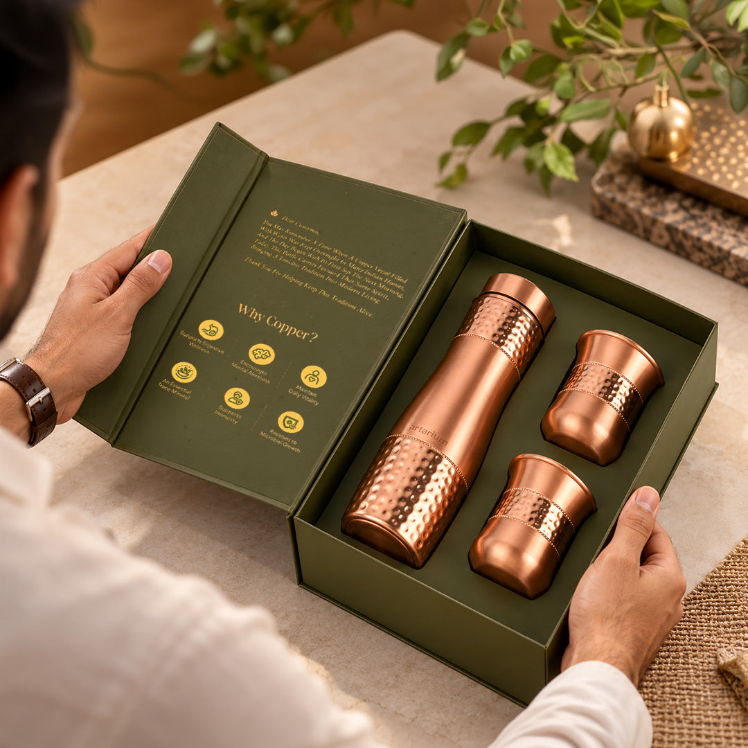 Hammered Copper Bottle with Copper Cap & Glass Set with Premium Packaging