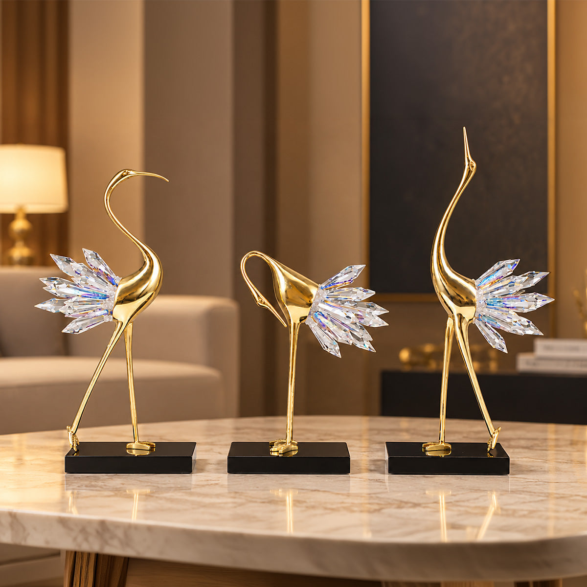 Blue Crystal Crane Brass Sculpture 