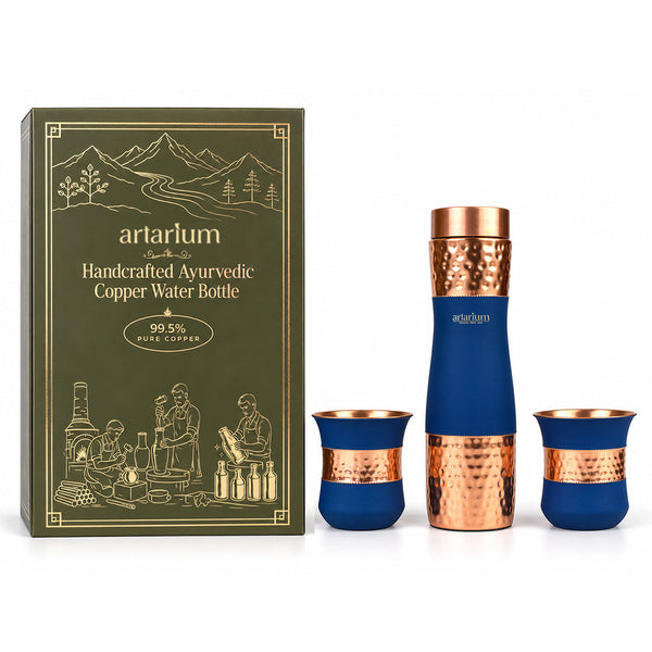 Blue Hammered Copper Bottle with Copper Cap & Glass Set with Premium Packaging