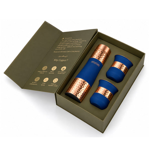 Blue Hammered Copper Bottle with Copper Cap & Glass Set with Premium Packaging