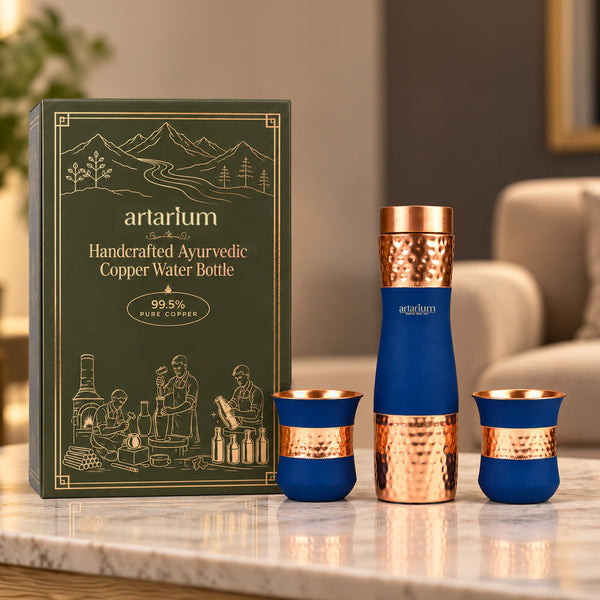Blue Hammered Copper Bottle with Copper Cap & Glass Set with Premium Packaging