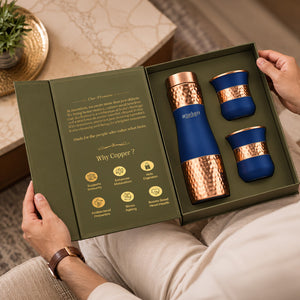 Blue Hammered Copper Bottle with Copper Cap & Glass Set with Premium Packaging